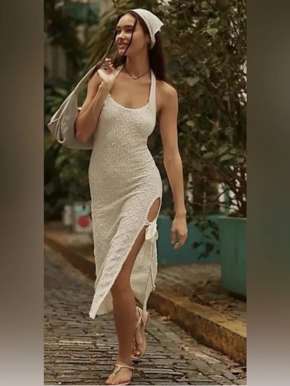 Free People Sea Foam halter Slim Fit Bow detail Texture Knit Midi Dress white
